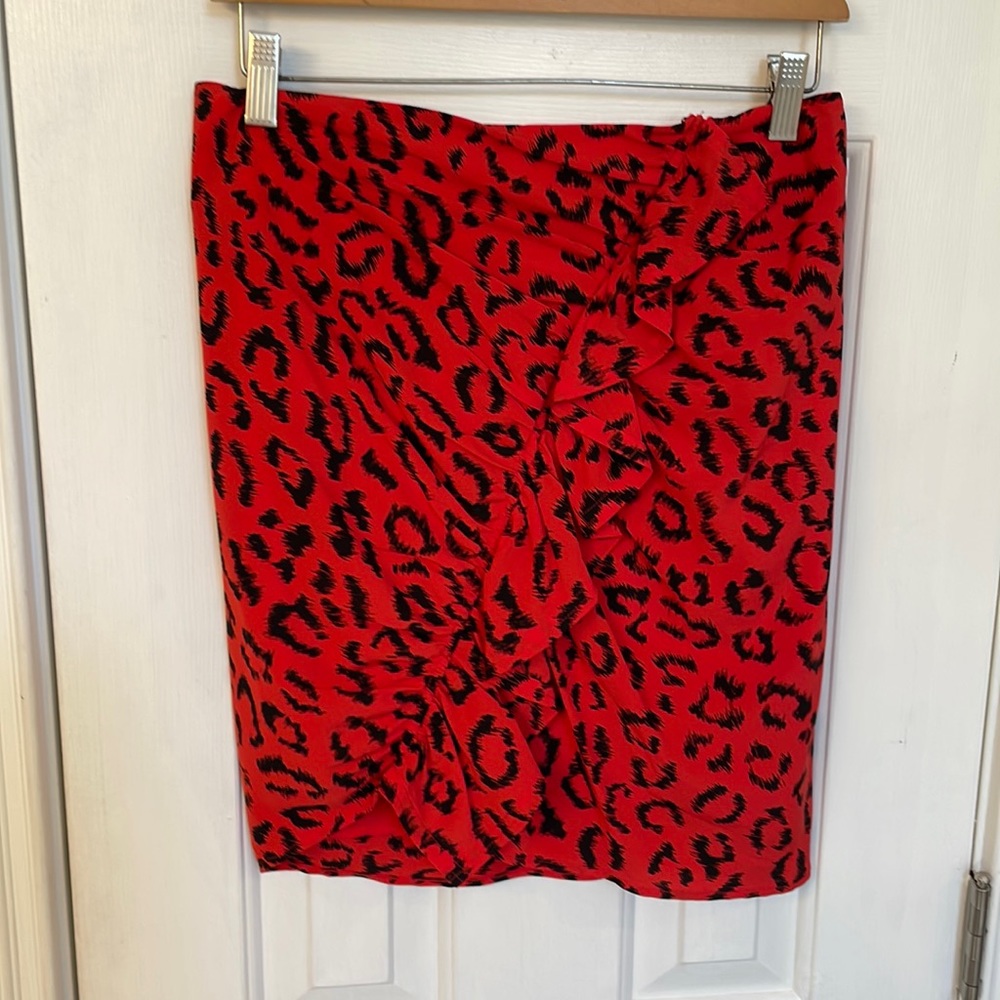 A.L.C. Red & Black Asymmetrical Animal Print Silk Soie Skirt w/ Ruffle
